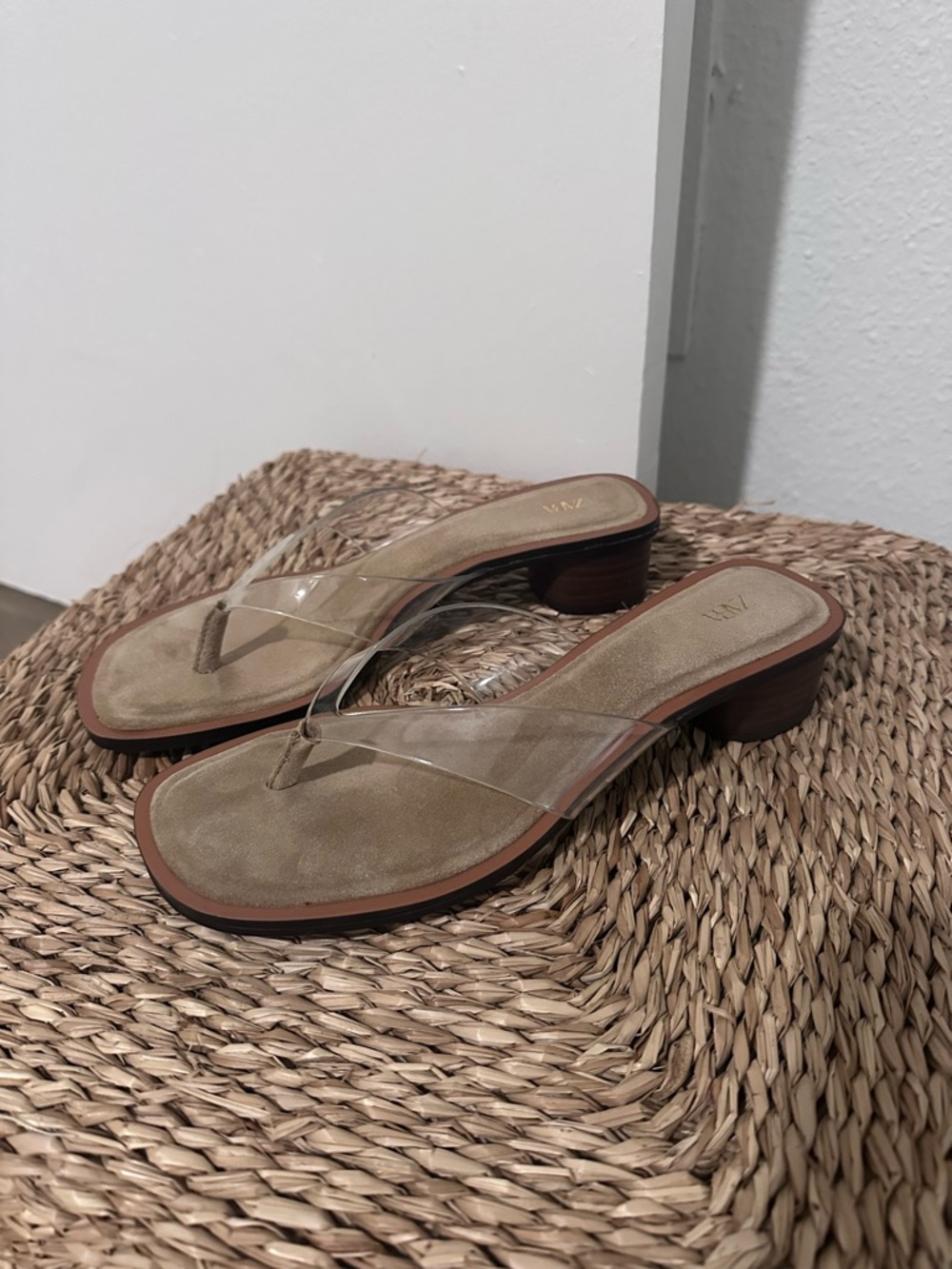 ZARA Clear Strap Tan Suede Low Heel Sandals